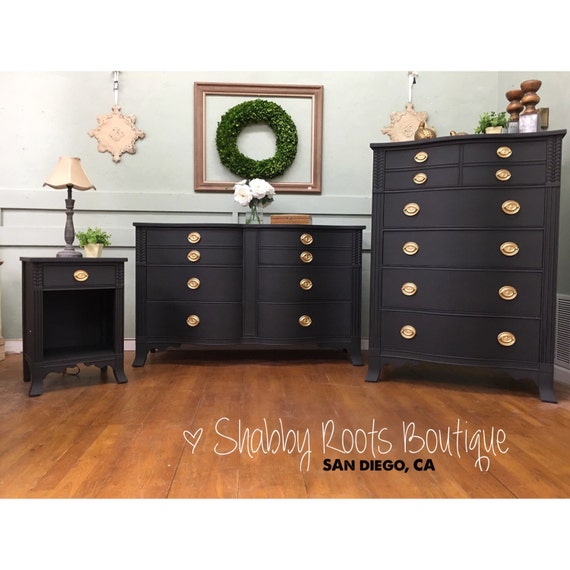 SOLD Black Vintage Bow front bedroom set by Drexel. Long