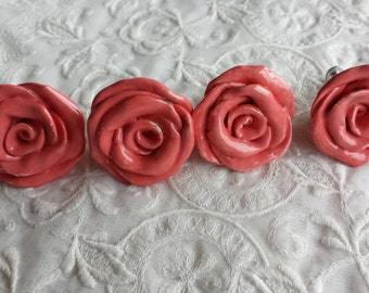 Rose flower Knobs Coral Drawer Pulls Hardware Kitchen Knobs Nursery Hardware Home decor in Coral Price is for 1