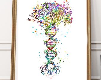 DNA Tree Watercolor Art Printable Medical Science Art Gift Doctor Home Decor Biology Office Dna double helix DNA trunk poster