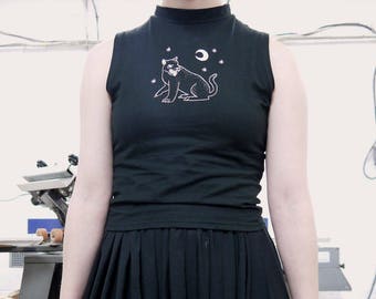 Panther High Neck Sleeveless Top, Women's Black Top 100% Cotton