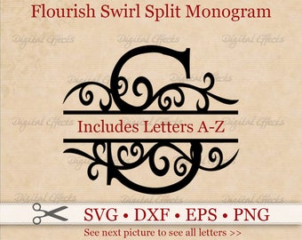 Flourish Swirl Split MONOGRAM Svg, Dxf, Eps, Png Files, Split Font Alphabet, Monogram Split Letters A-Z, Svg Cut Files for Cricut Silhouette