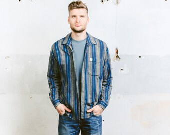 Aztec Shirt . Mens SOUTHWESTERN Blue Striped Shirt 80s Vintage Soft Flannel Jacket Button Down . size Large