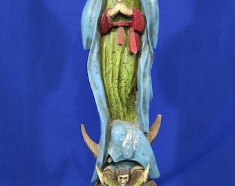 Vinatge 1970s Lady of Guadalupe Virgin Mary Mexican Folk Art Wood Sculpture
