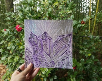 Amethyst Crystals 7.5"x7.5" painting 2014- crystal art- crystals painting- acrylic painting- watercolor- texture- glittery- sparkles