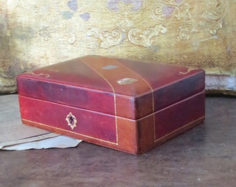 Leather Jewelry Box, Vintage Italian Locking Dresser Box, Masculine Bedroom Vanity Office Decor