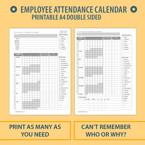 2018 employee attendance calendar