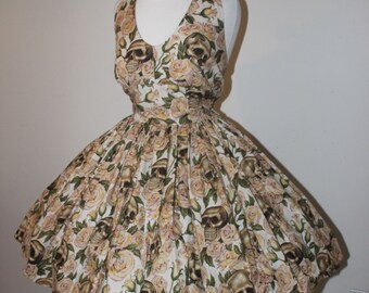 Pin Up Pinup Retro Rockabilly 50S Gothabilly Goth Gothic Skull Skulls and Roses Halter Swing Dress Cream Green Beige Womens Large