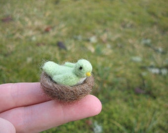 Needle Felted Tiny Green Bird Miniature figurine