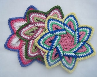 Crochet Pot Holders / Heat Mat Flower or Tunisian Crochet Circle 100% Cotton Eco Friendly