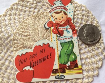 Vintage 1950s 1960s Valentine Card Little Boy Snow Hiker/Skier Collectible Paper Ephemera Art Crafts Scrap Booking