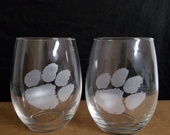 2 nice etched large stemless wine glasses, Clemson Tigers