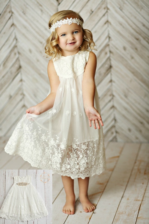 White Flower girl dress girls lace dress rustic flower girl