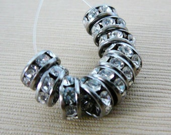 Czech Rhinestone Bead, Rhinestone Rondel Spacer Beads, 8mm Clear, Antiqued Silver Tone Frame jewelry making supplies
