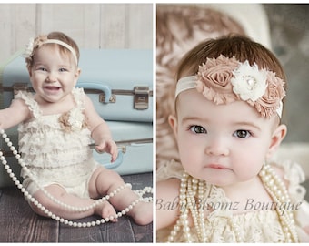 Petti Romper Headband SET, Ivory Lace romper & baby headband, hair bow, outfit, pettiromper girl