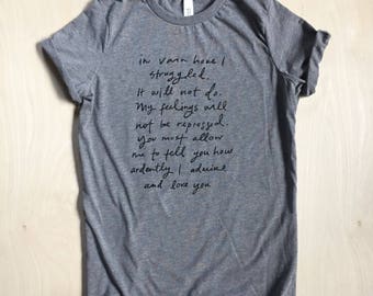 Mr. Darcy Proposal - Pride and Prejudice - Jane Austen - bookish shirt - screen printed - womens sizes S, M, L, XL, 2XL