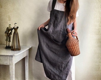 Linen Pinafore Apron, Linen Apron, Crafts Apron, Dark Pinafore Dress Woman, Cross Back Apron, no-ties apron, Japanese apron, vintage apron