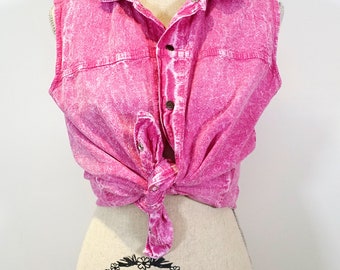90s Bubblegum Pink Acid Wash Distressed Sleeveless Button Up Tie Crop Top