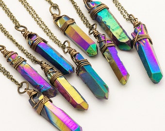 Raw Rainbow Titanium Quartz Necklace Iridescent Crystal Necklace Rough Metallic Aura Quartz Point Pendant Boho Style Layering Necklace