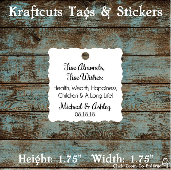 Italitan Wedding Favor Tags, Jordan Almond Favor Tags, Sugared Almond Favor Tags, Five Wishes Poem Favor Tags #654 Qty: 30 Tags