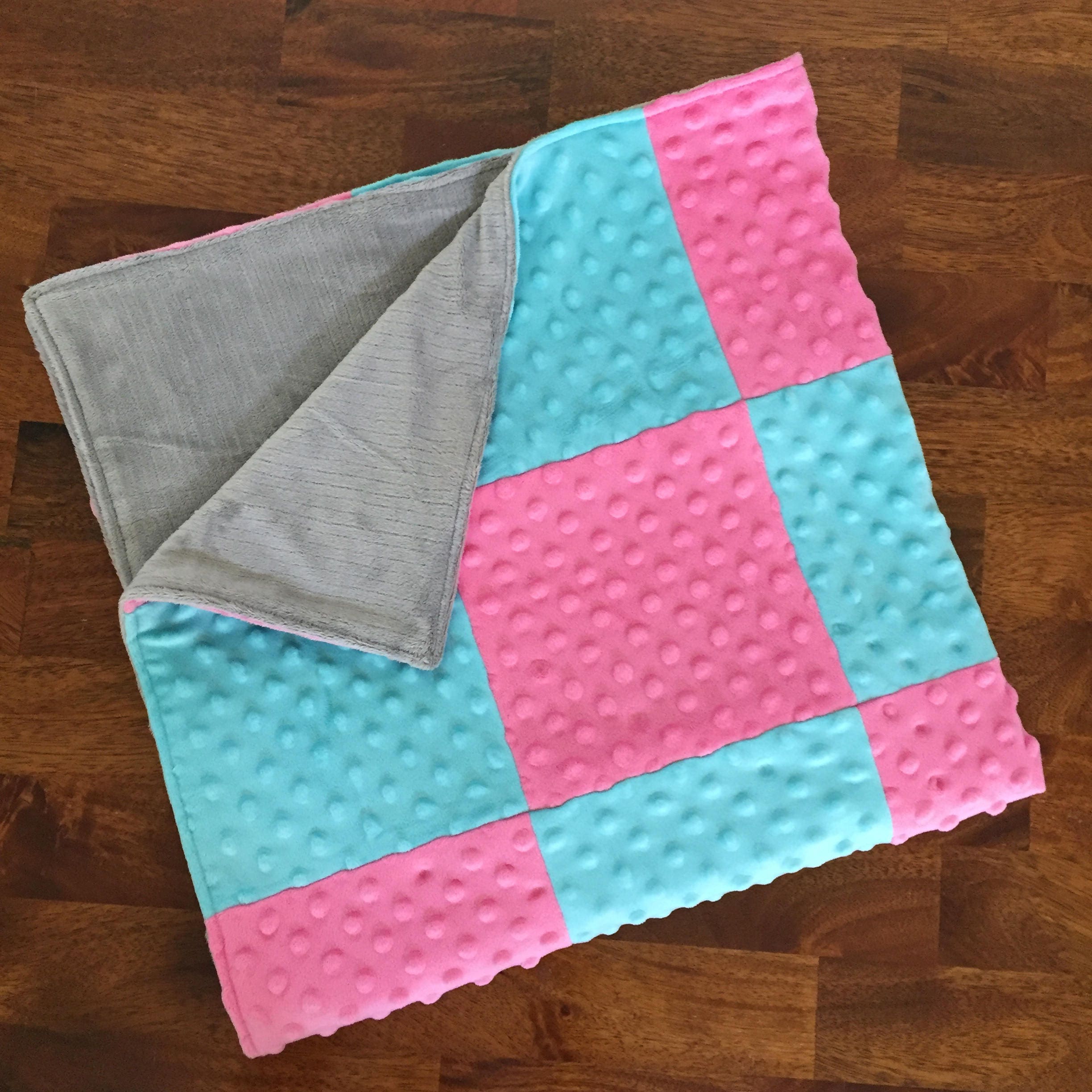 Blue/Pink/Grey Color Block Minky Blanket Double Sided Minky