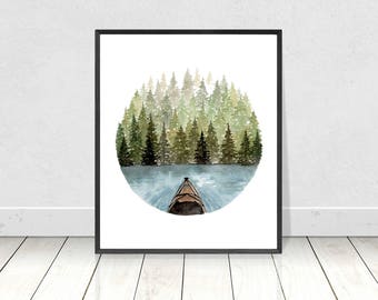 Kayaking to the Island Painting Giclee Art Print- Watercolor Camping Fine Art Print- Home Decor Wall Art Prints- Sizes from 8X10 to 18X24