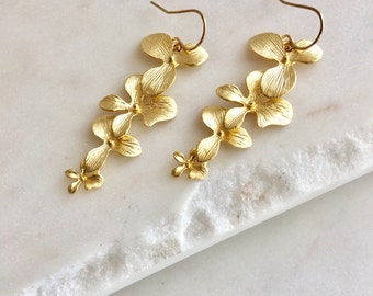 Bridesmaid Earrings Gold Orchid Earrings Bridesmaid Gift for Her Wedding Earrings Long Earrings Anniversary Gift for Wife Bridal Earrings