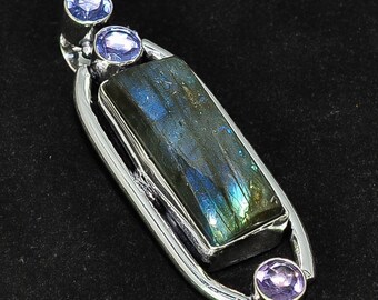 925 Sterling Silver Plated Jewelry Labradorite Amethyst Quartz Pendant