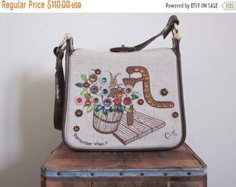 Enid Collins / Enid Collins Purse / 70s Bag / Jeweled / Collins of Texas / Collins of Texas Bag / Gem / Khaki Bag / Folk Art / Floral Bag