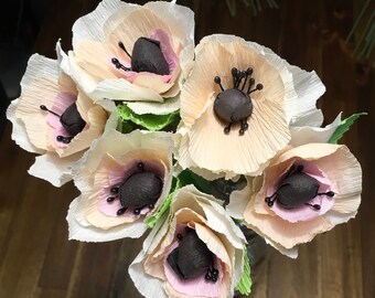 6 Handmade, Long Stem, Ivory Crepe Paper Flowers