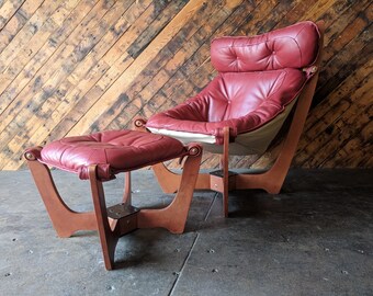 Scandinavian Design Luna Chair and Ottoman by Odd Knutsen in soft red leather