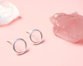 Sterling Silver 8mm Minimalist Circle Stud Earrings - Open Circle Studs - Minimal Geometric Studs