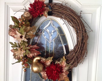 Golden Fall Wreath, Front Door Wreath, Halloween Wreath Pumpkin Wreath, Thanksgiving Wreath