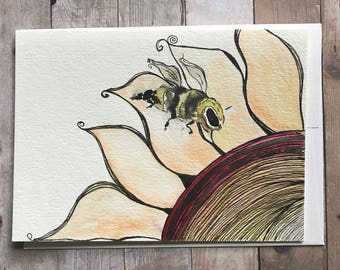 Watercolor Flower and Bee Card, Watercolor and Ink Flower Card, Hand Painted Card, Watercolor Flower Card