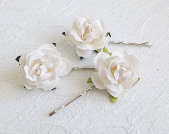 Ivory Rose Clips, wedding hair accessories, bridal hair clips, ivory rose pins, flower hair clips, rose bobby pins, flowergirl, bridesmaid