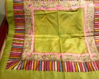 ANTIQUE SILK SCARF Unbelievably Beautiful and Unique Pattern French Textile Chartreuse Green Background circa 1930's-1940's Paris