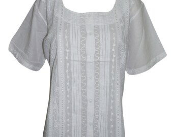 Playful Summer Fun Boho Top Short Sleeves Cotton White Tunic Button Front Embroidered Ethnic Blouse XL