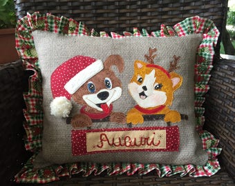 Christmas-pillow dog and cat greeting cards