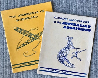 Pair 1968 Queensland Museum Exhibit Brochures Aborigines of Queensland and Origins and Culture of Australian Aborigines Australiana