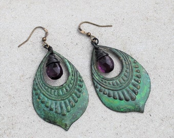 Amethyst Patina Chandelier Earrings, Bohemian, February Birthstone, Boho Chic, Wedding, Clip on or Pierced