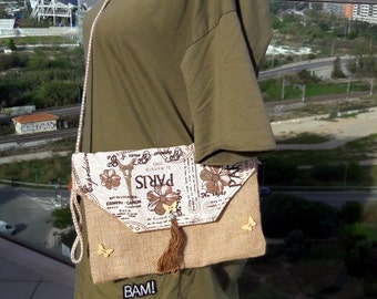 Basic envelope bag Linen/ cotton clutch or cross body bag, Sand and cream color bag