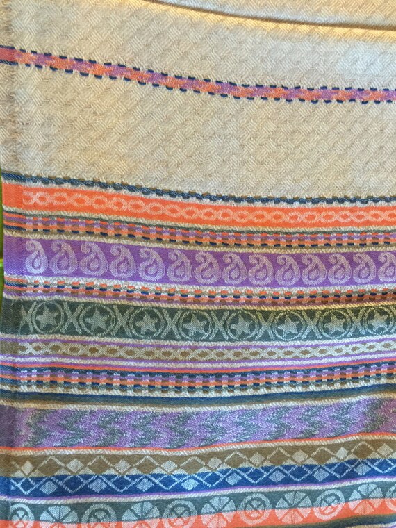 Pure Sheep Merino Wool scarf, stole, shawl in light brown with woven border and stripes weaved all over
