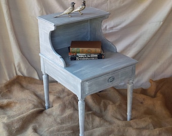Nightstand / Accent Table in Grey Wash Distress Finish Vintage Coastal Beach Cottage Shabby Chic Poppy Cottage Painted Furniture