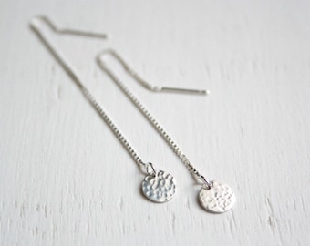 Silver sterling discs and ear threader / threader earrings / Hammered discs