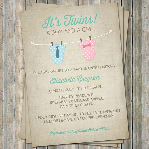 Boy/Girl Twin Onesie Baby shower Invitation pink and blue