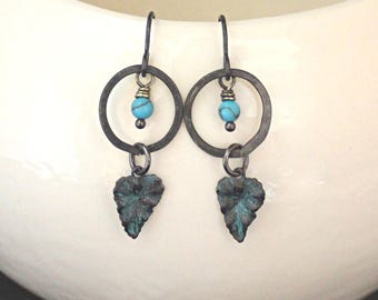 Turquoise Jewelry, Vintaj Jewelry, Hammered Earrings, Boho Jewelry, Leaf Jewelry, Black Jewelry, Bohemian Jewelry, Made In Ohio