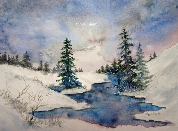 Watercolor Landscape archival print winter painting winter