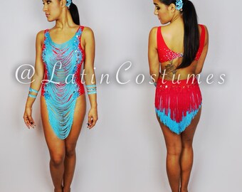 Ballroom Latin Dance Salsa Dress Costume Cut out Bodysuit Custom Made with Fringe Skirt