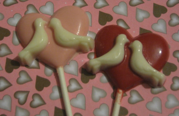 A dozen Love birds heart lollipop suckers party favors Valentines wedding favors
