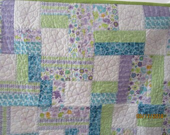 Handmade quilt for Child pale shades of turquoise,lavender and lime