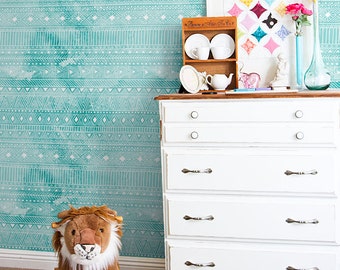 Geometric watercolor wallpaper, Turquoise wall mural for nurseries and kids rooms, Reusable, Removable #106